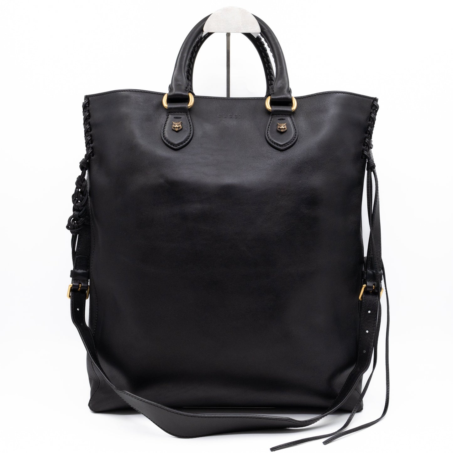 Gucci Braided Detail Feline Shopper Bag Black Leather