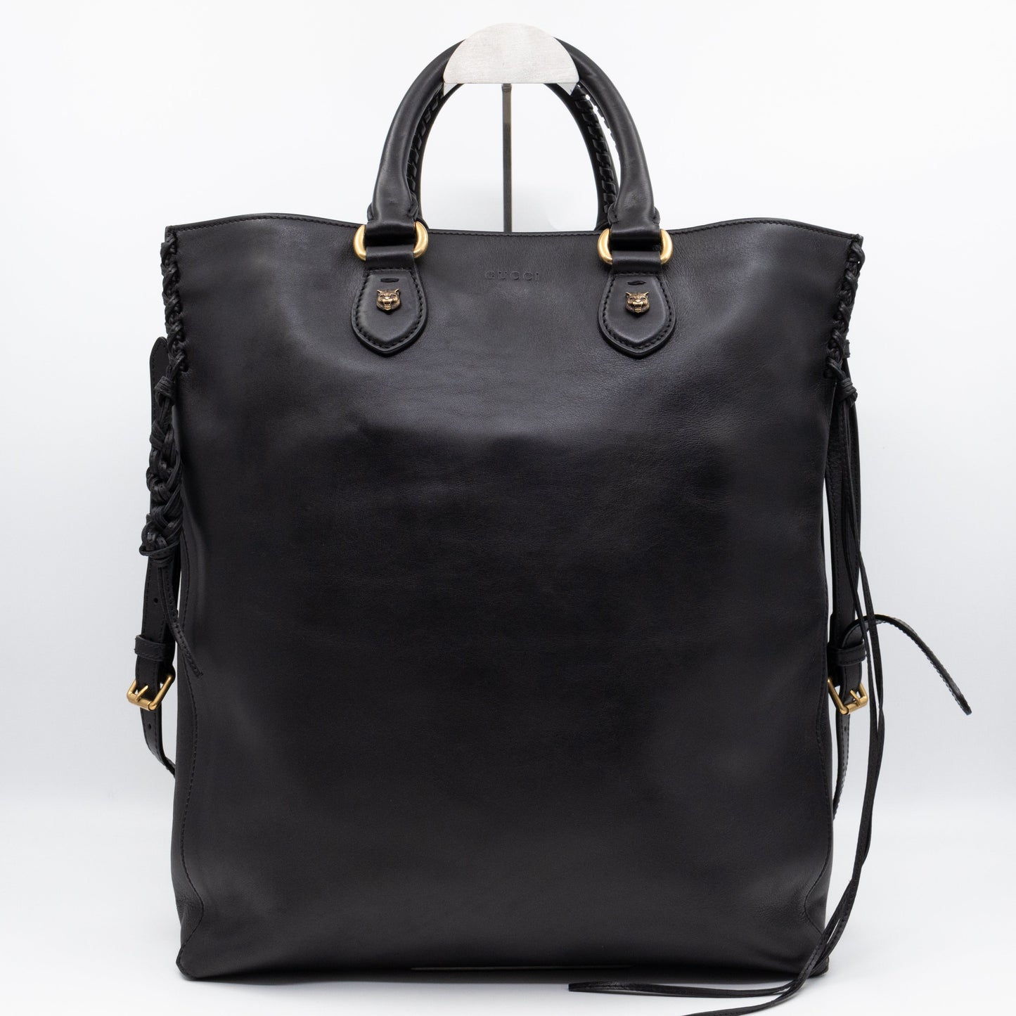 Gucci Braided Detail Feline Shopper Bag Black Leather