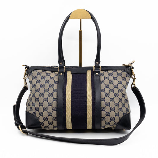 Web Tote Bag Medium GG Canvas Blue Leather