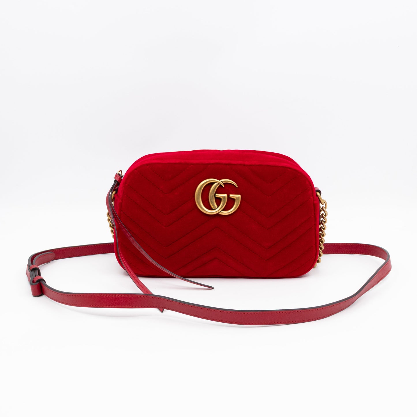 Gucci GG Marmont Small Camera Bag Red Velvet Aged Gold