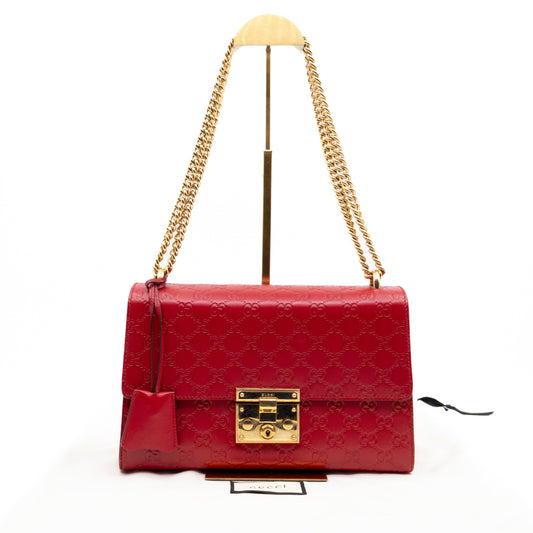 Padlock Flap Bag Medium Hibiscus Red GG Guccissima