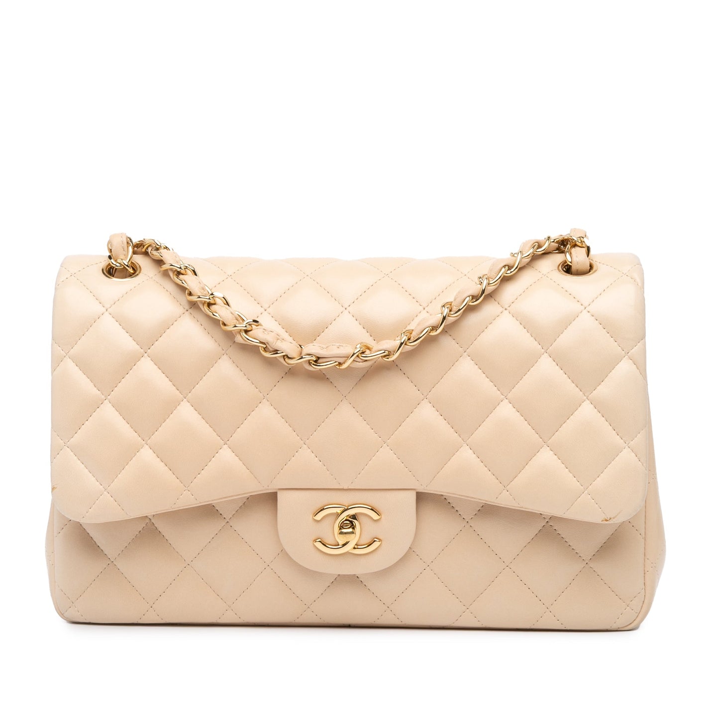 Beige Chanel Jumbo Classic Lambskin Double Flap Shoulder Bag