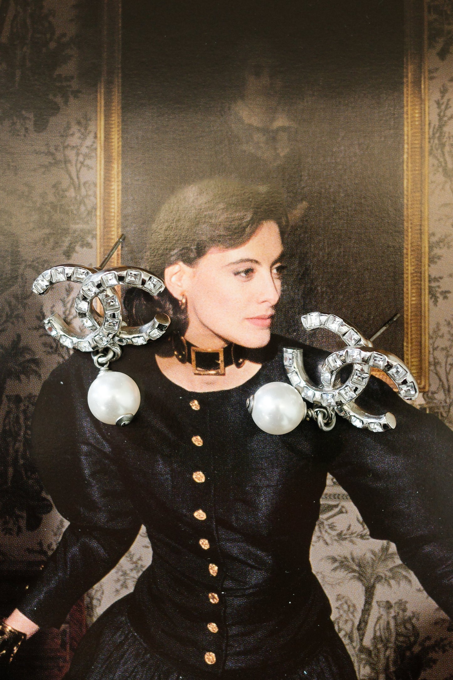 CHANEL CC Pearl Crystal Earrings Silver