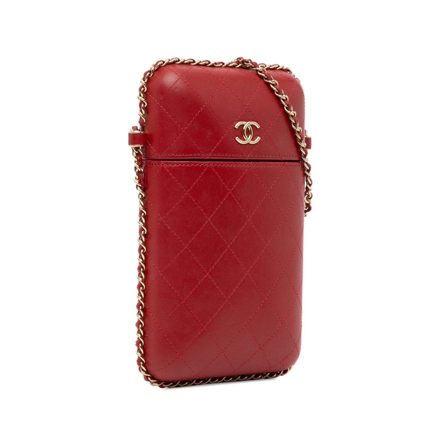 Red Chanel CC Quilted Lambskin Chain Around Phone Holder Crossbody Bag