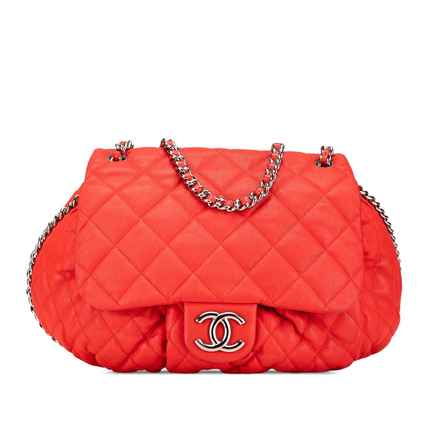 Red Chanel Large Quilted Lambskin Chain Around Flap Crossbody Bag