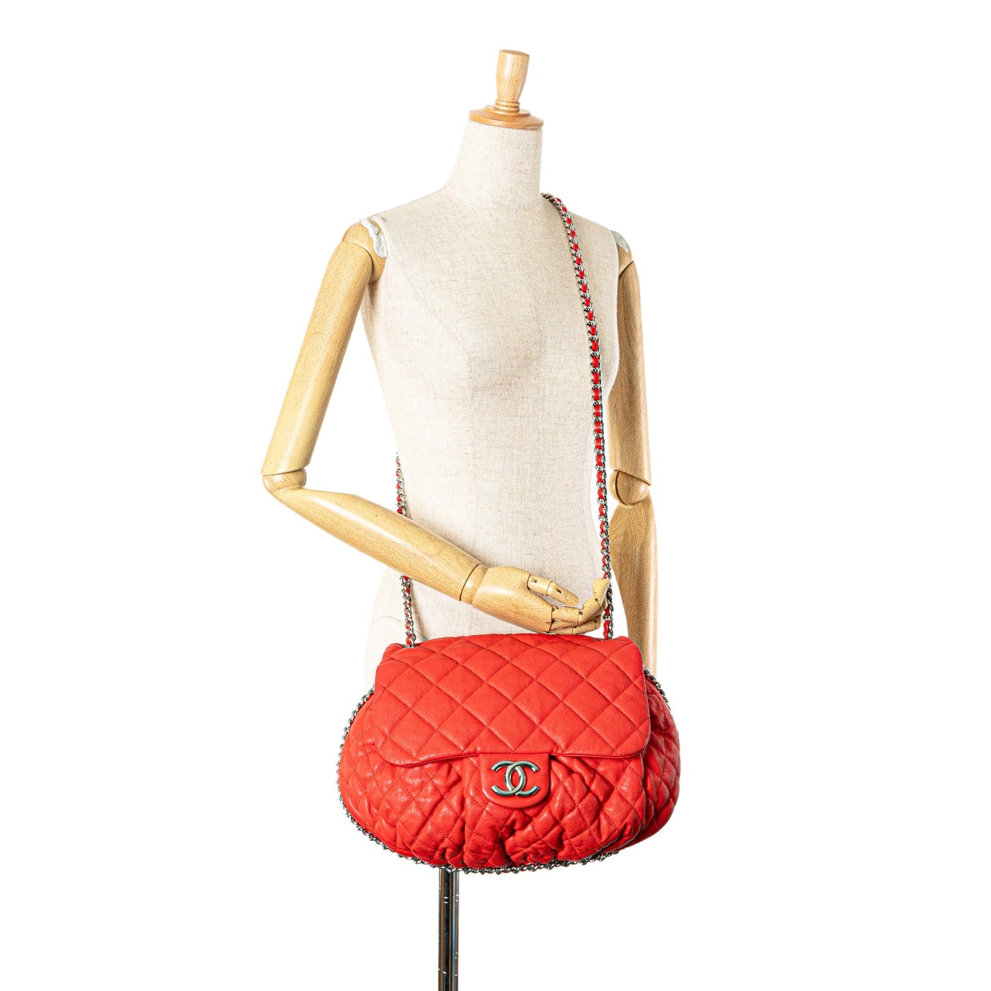 Red Chanel Large Quilted Lambskin Chain Around Flap Crossbody Bag
