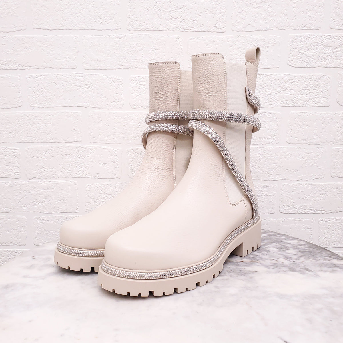 RENE CAOVILLA CREAM LEATHER 'CLEO COMBAT BIKER' BOOTS - SIZE 38.5