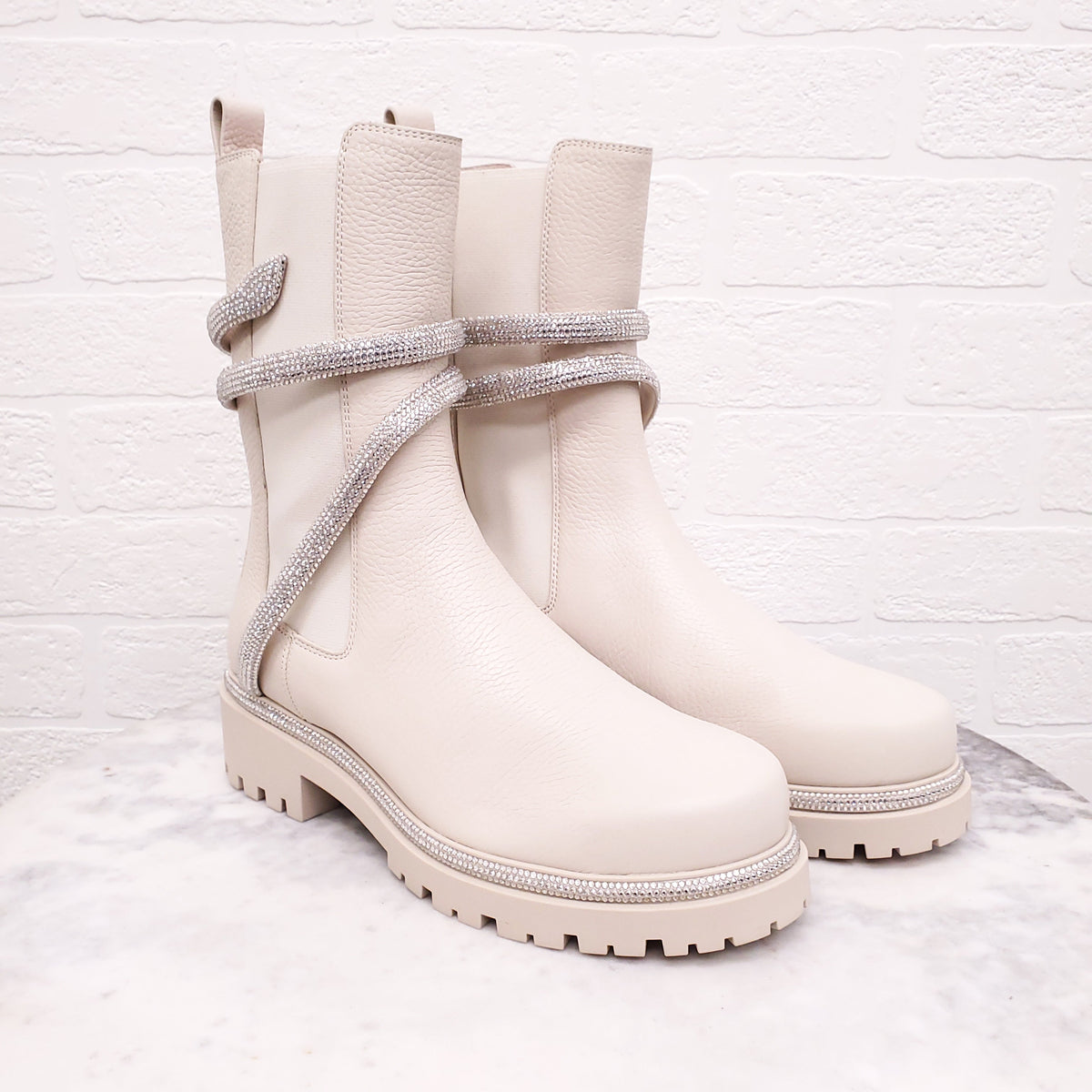 RENE CAOVILLA CREAM LEATHER 'CLEO COMBAT BIKER' BOOTS - SIZE 38.5