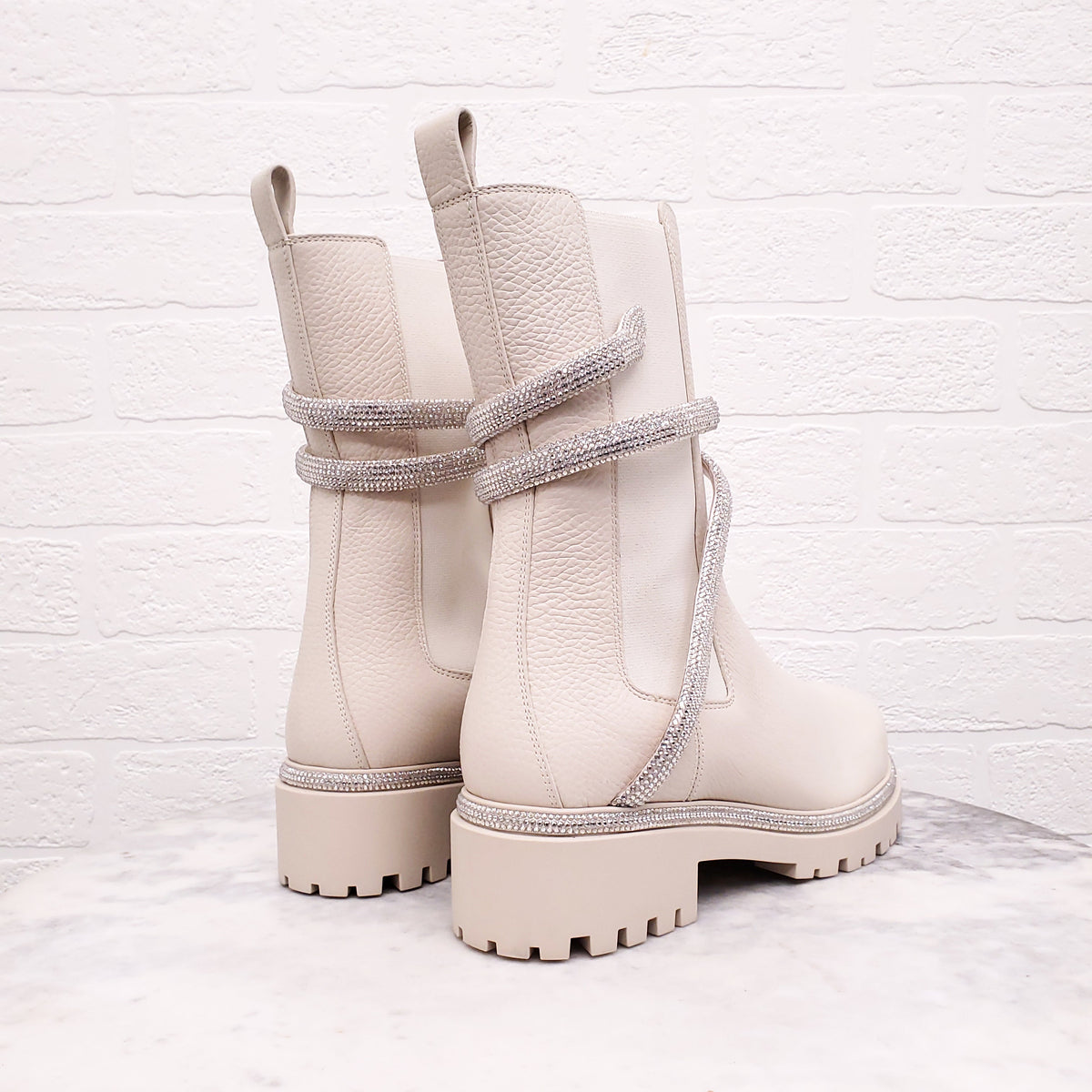 RENE CAOVILLA CREAM LEATHER 'CLEO COMBAT BIKER' BOOTS - SIZE 38.5