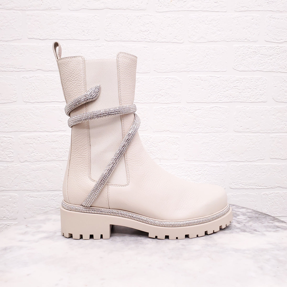 RENE CAOVILLA CREAM LEATHER 'CLEO COMBAT BIKER' BOOTS - SIZE 38.5