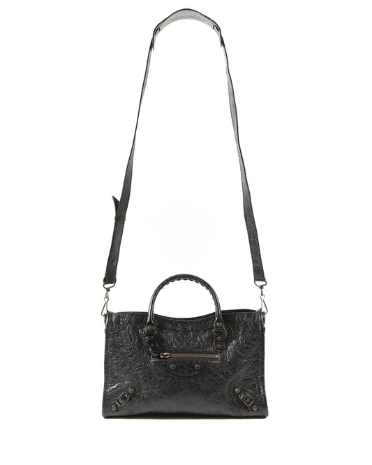 Balenciaga Black Crinkled Leather Motocross Classic Small City Bag