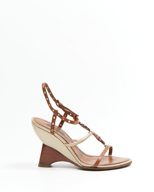 Louis Vuitton Brown/Metallic Logo Wooden Wedges Heel - 37.5