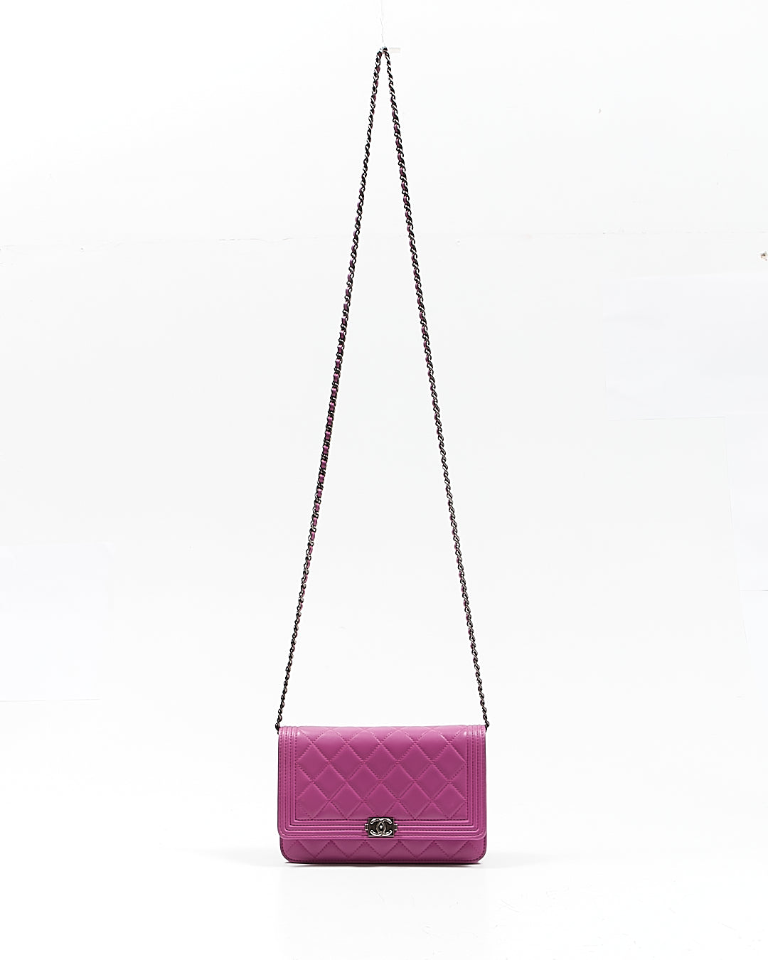 Chanel Purple Lambskin Quilted Boy Wallet On Chain