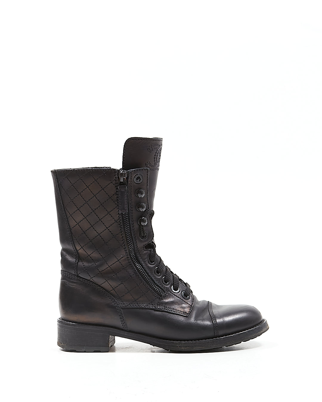 Chanel Black Leather Quilted CC Logo Combat Boot - 39