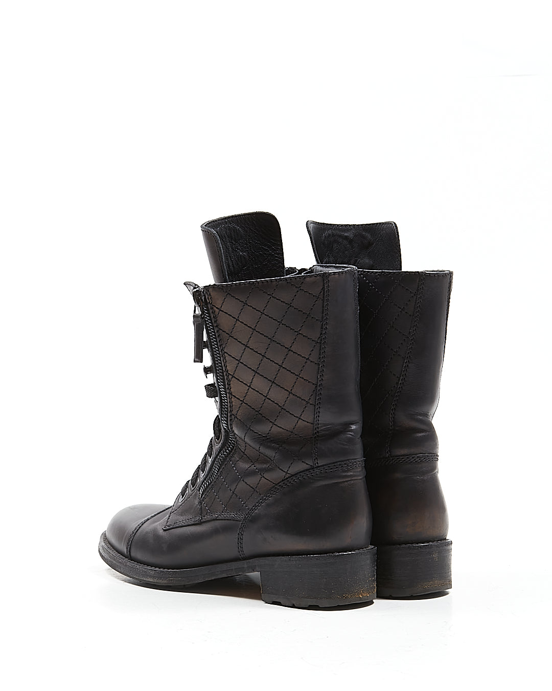 Chanel Black Leather Quilted CC Logo Combat Boot - 39