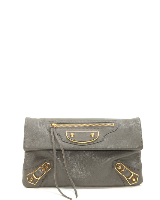 Balenciaga Grey Leather Motocross Metallic Edge Envelope Clutch