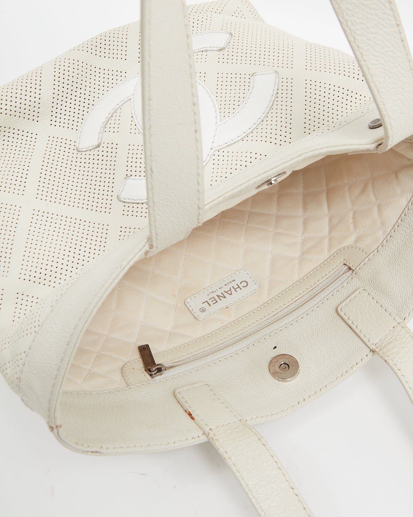 Chanel White Leather CC Perforated Tote Bag