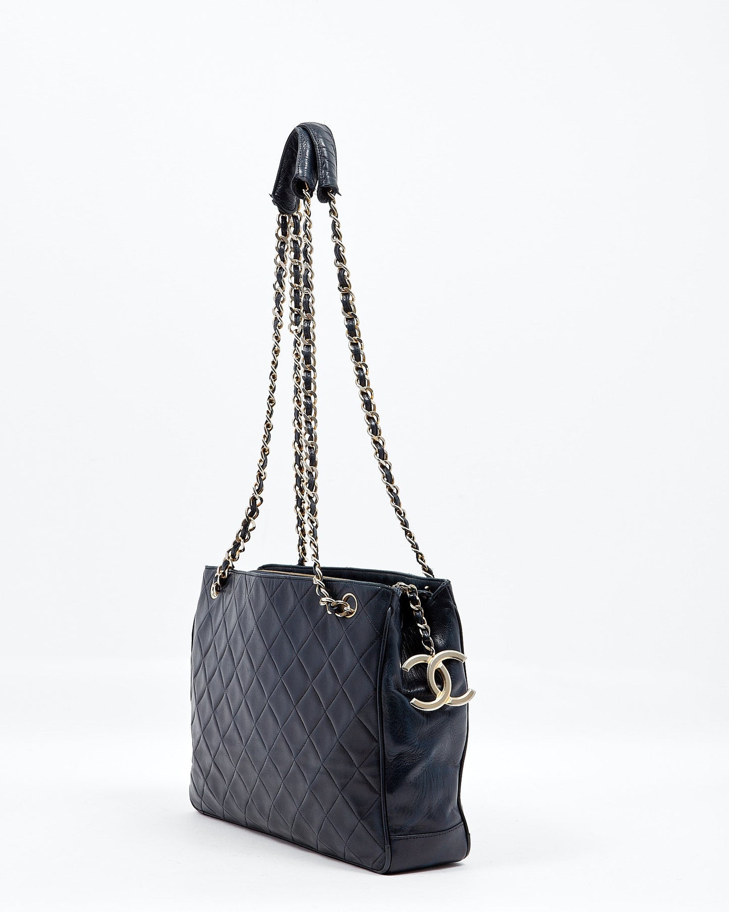Chanel Vintage Navy Lambskin CC Chain Logo Tote Bag