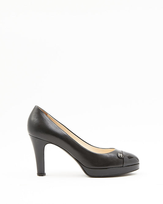 Chanel Black Leather Platform Pumps CC Logo Heels - 41