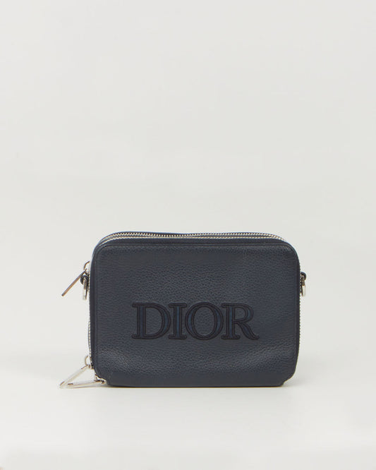 Dior Men Navy Leather Embroidered Signature SLG Wallet On Chain Bag