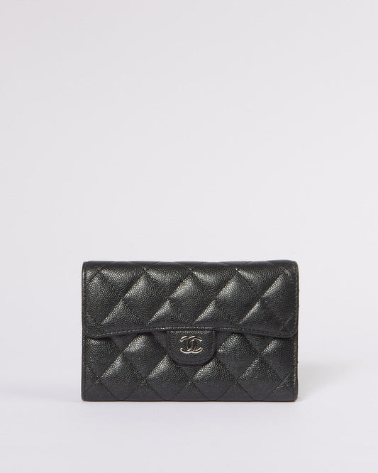 Chanel Black Caviar Leather Interlocking CC Logo Compact Wallet