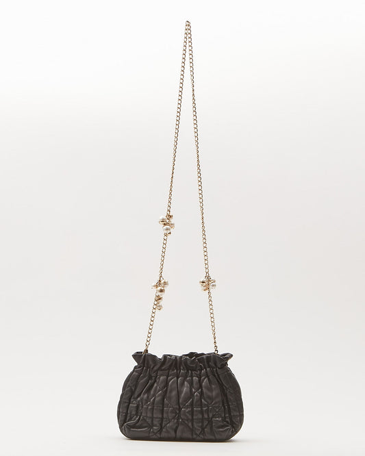 Dior Black Leather Cannage Pearl Detail Chain Small Bucket Crossbody Bag