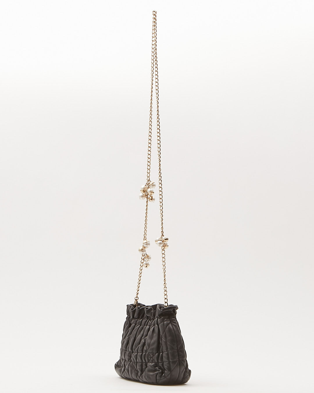 Dior Black Leather Cannage Pearl Detail Chain Small Bucket Crossbody Bag