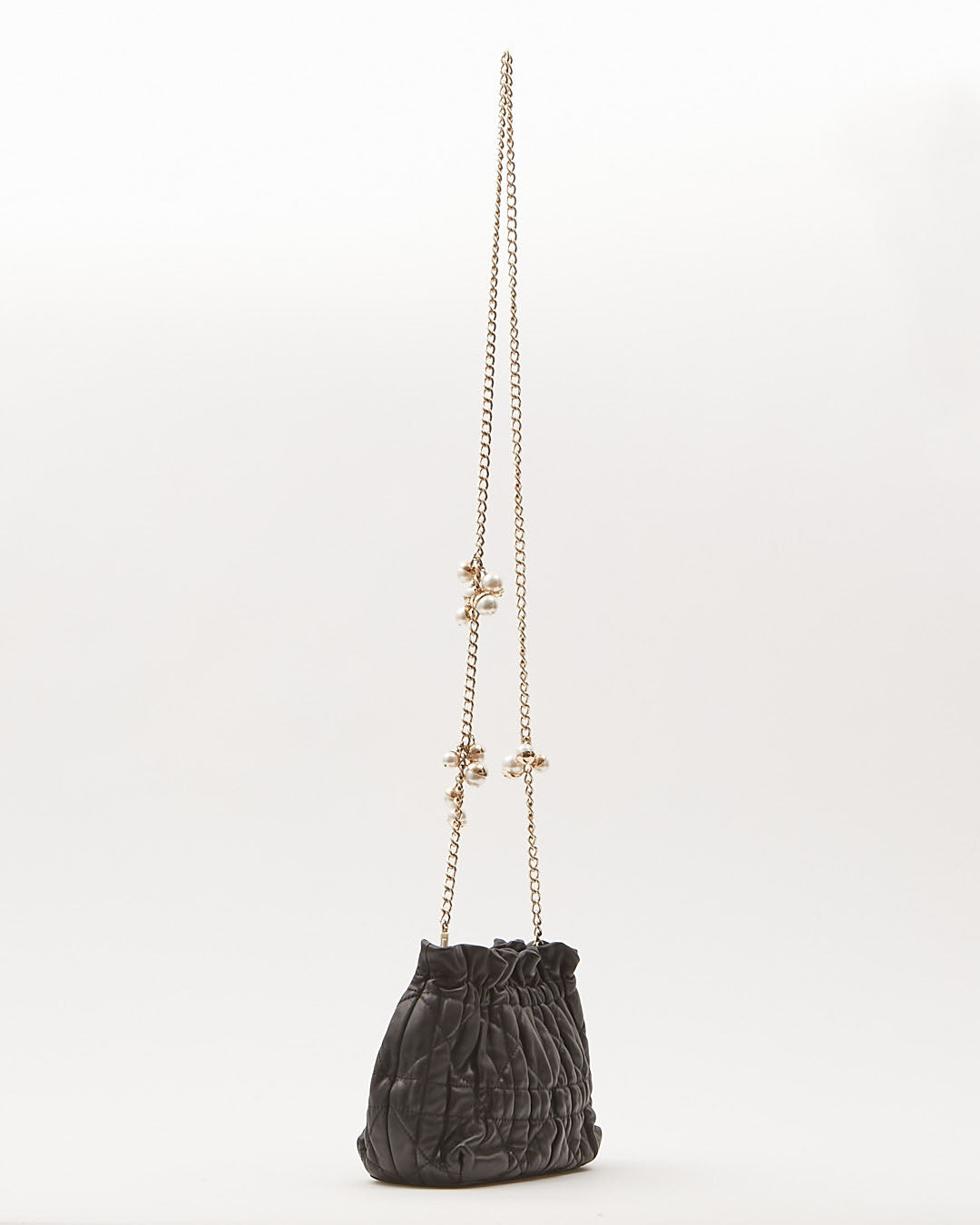 Dior Black Leather Cannage Pearl Detail Chain Small Bucket Crossbody Bag