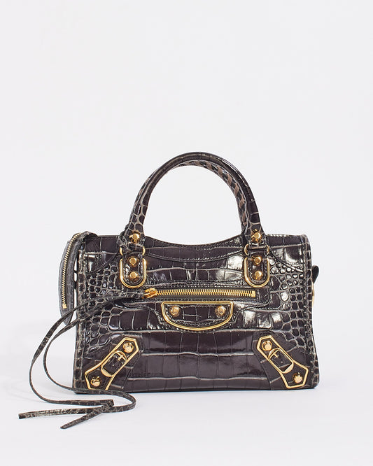 Balenciaga Black Croc Embossed Motocross Metallic Edge Mini City Bag