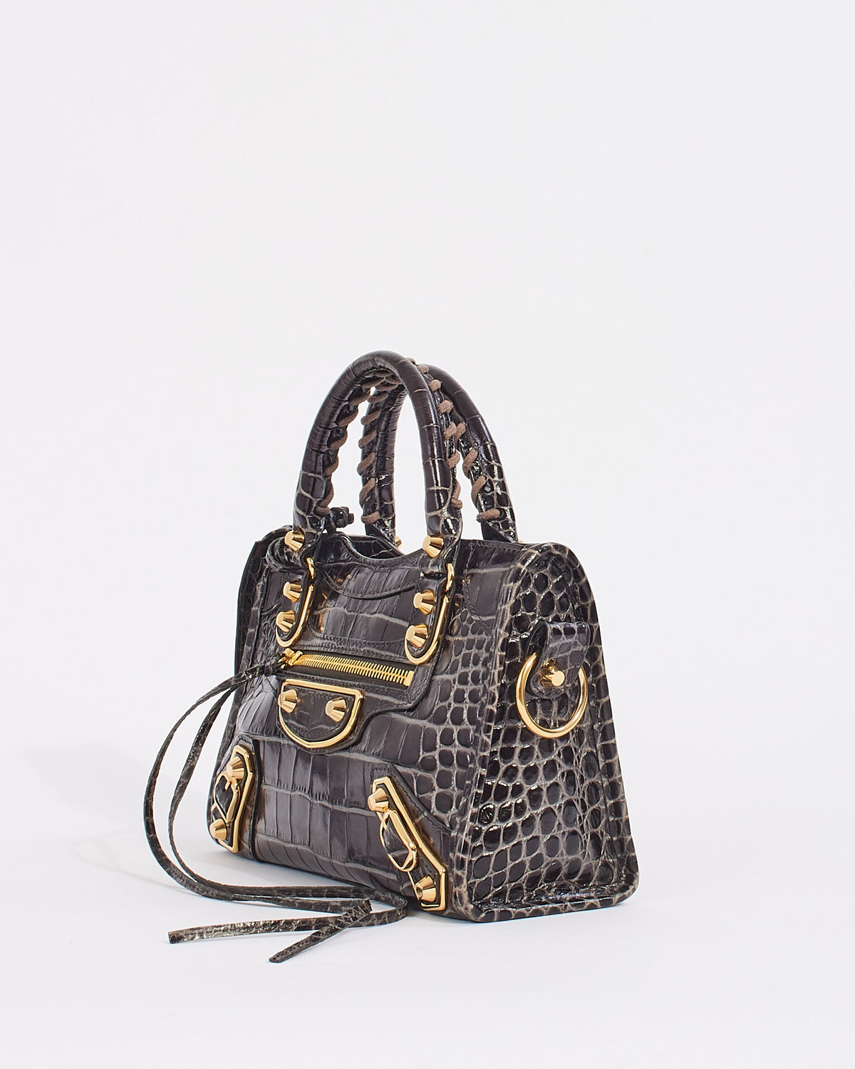 Balenciaga Black Croc Embossed Motocross Metallic Edge Mini City Bag