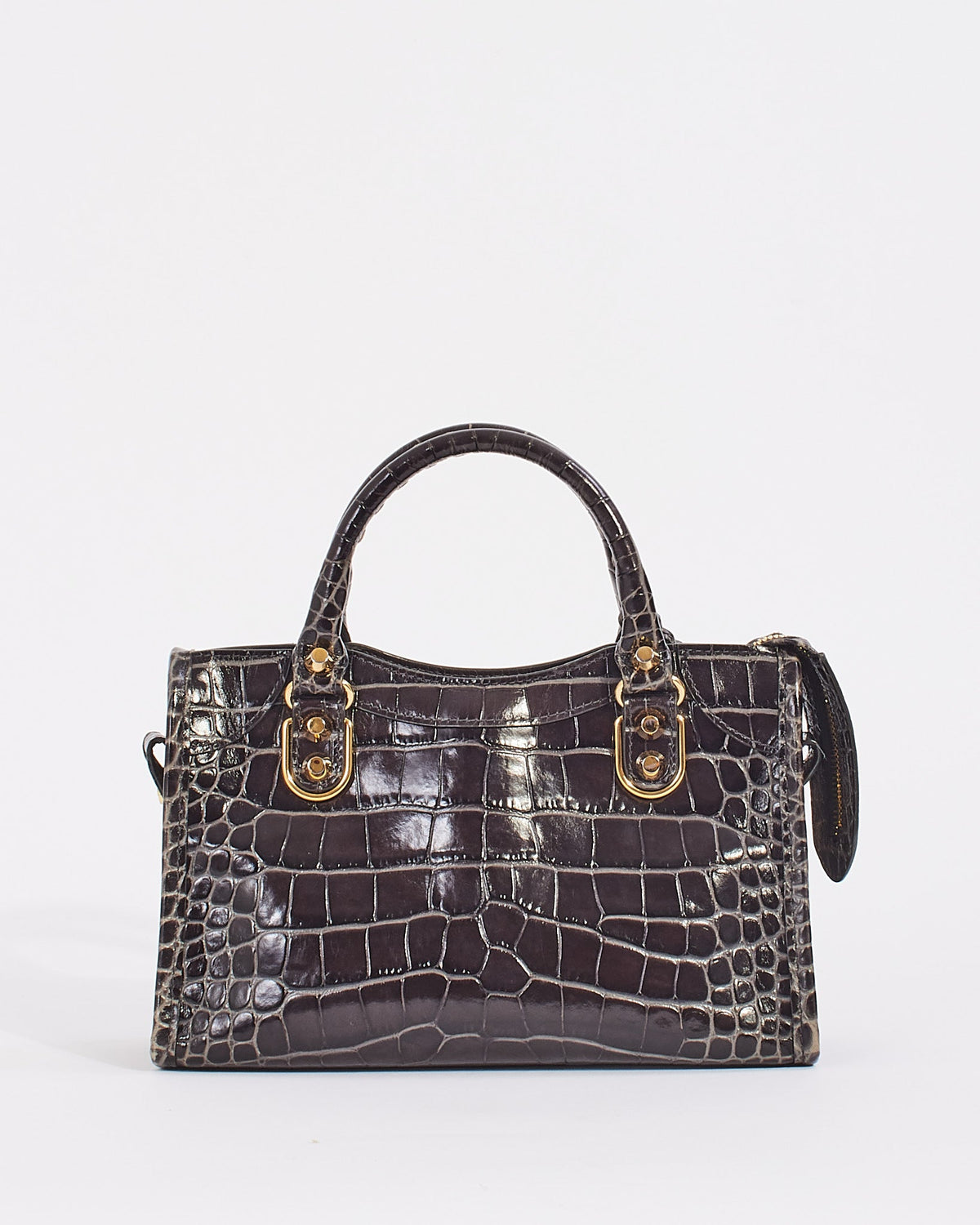 Balenciaga Black Croc Embossed Motocross Metallic Edge Mini City Bag