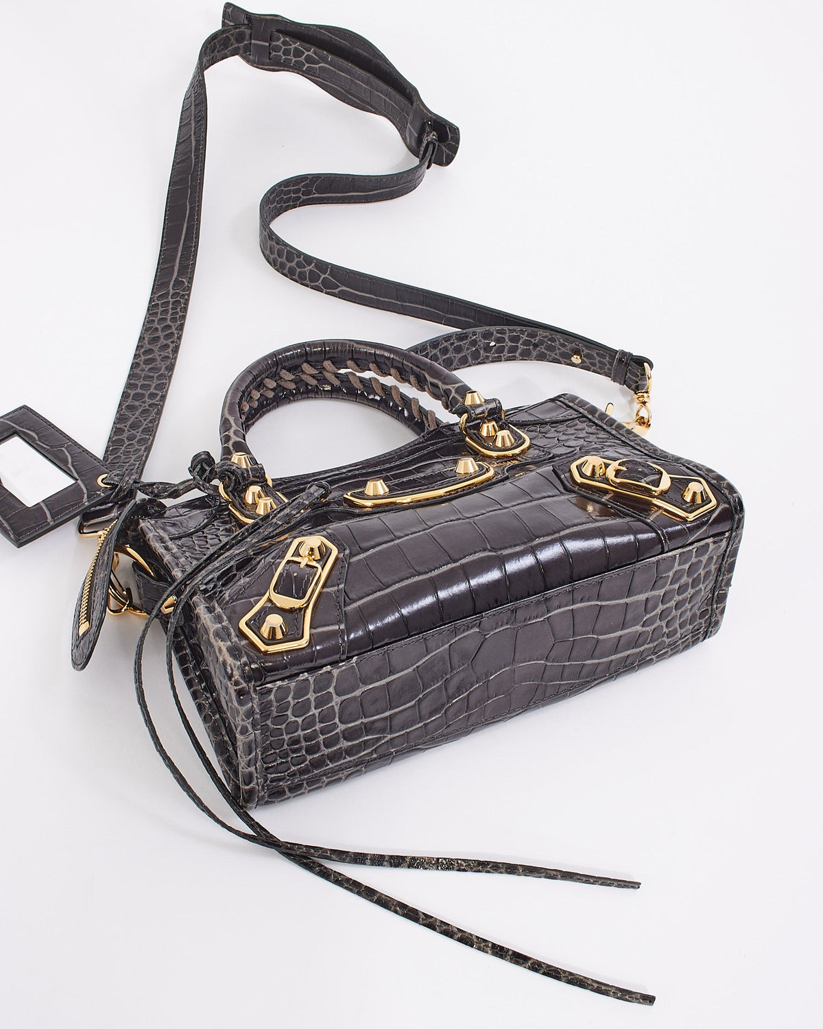 Balenciaga Black Croc Embossed Motocross Metallic Edge Mini City Bag
