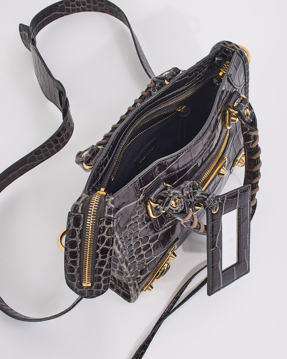 Balenciaga Black Croc Embossed Motocross Metallic Edge Mini City Bag