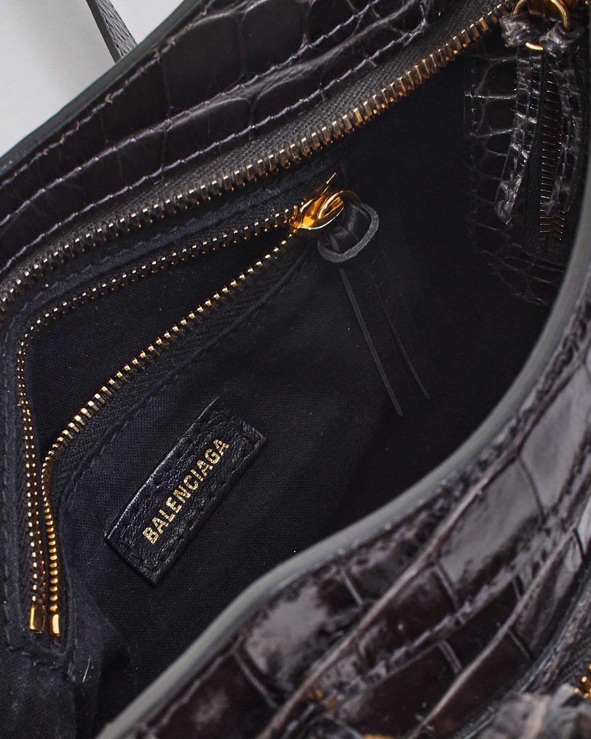 Balenciaga Black Croc Embossed Motocross Metallic Edge Mini City Bag