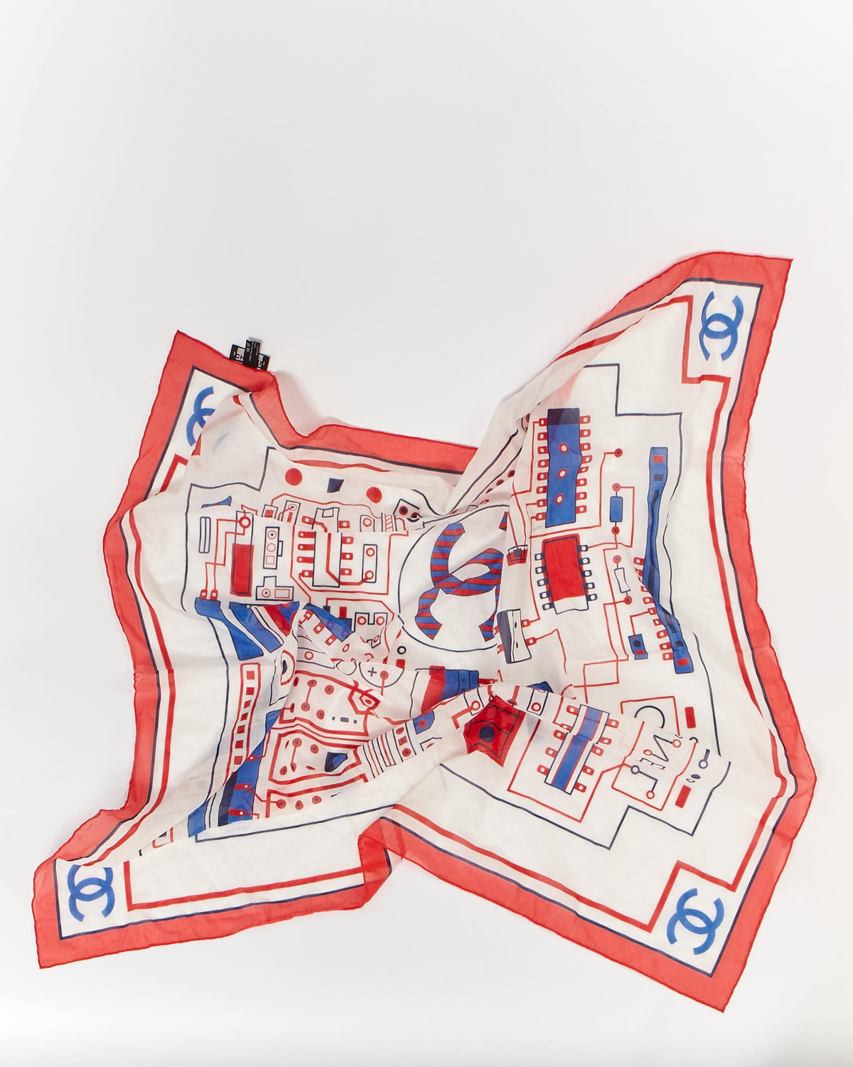 Chanel White/Blue/Red Electric Circuit Cotton Square Scarf