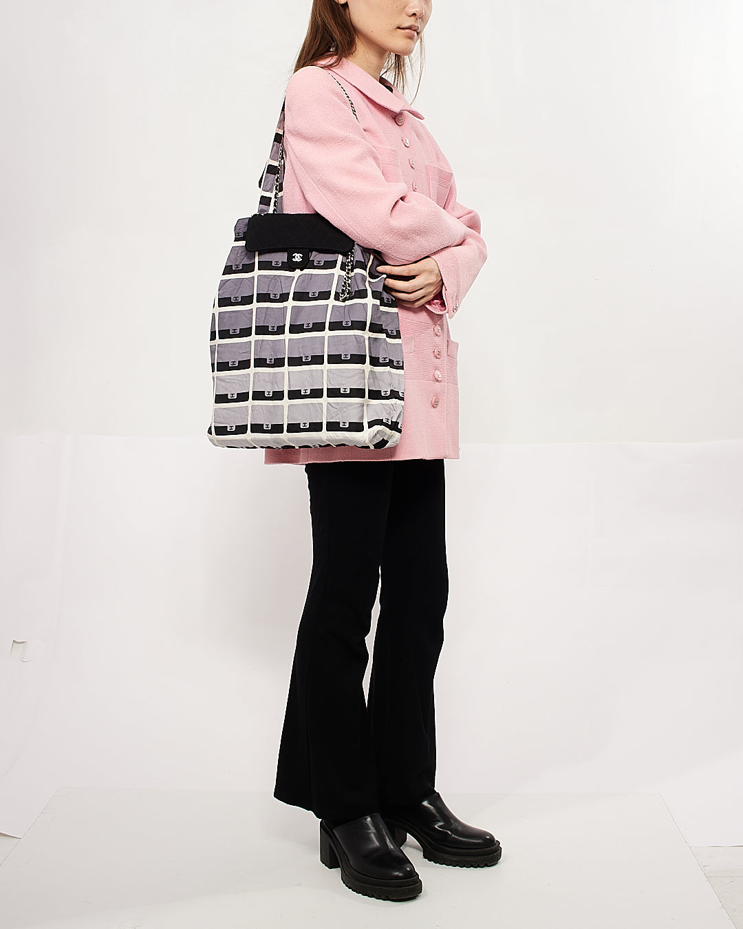 Chanel Black/Grey Wool/Multi Logo Mini Flap/Foldable Shopping Tote