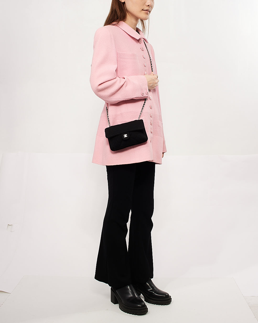 Chanel Black/Grey Wool/Multi Logo Mini Flap/Foldable Shopping Tote