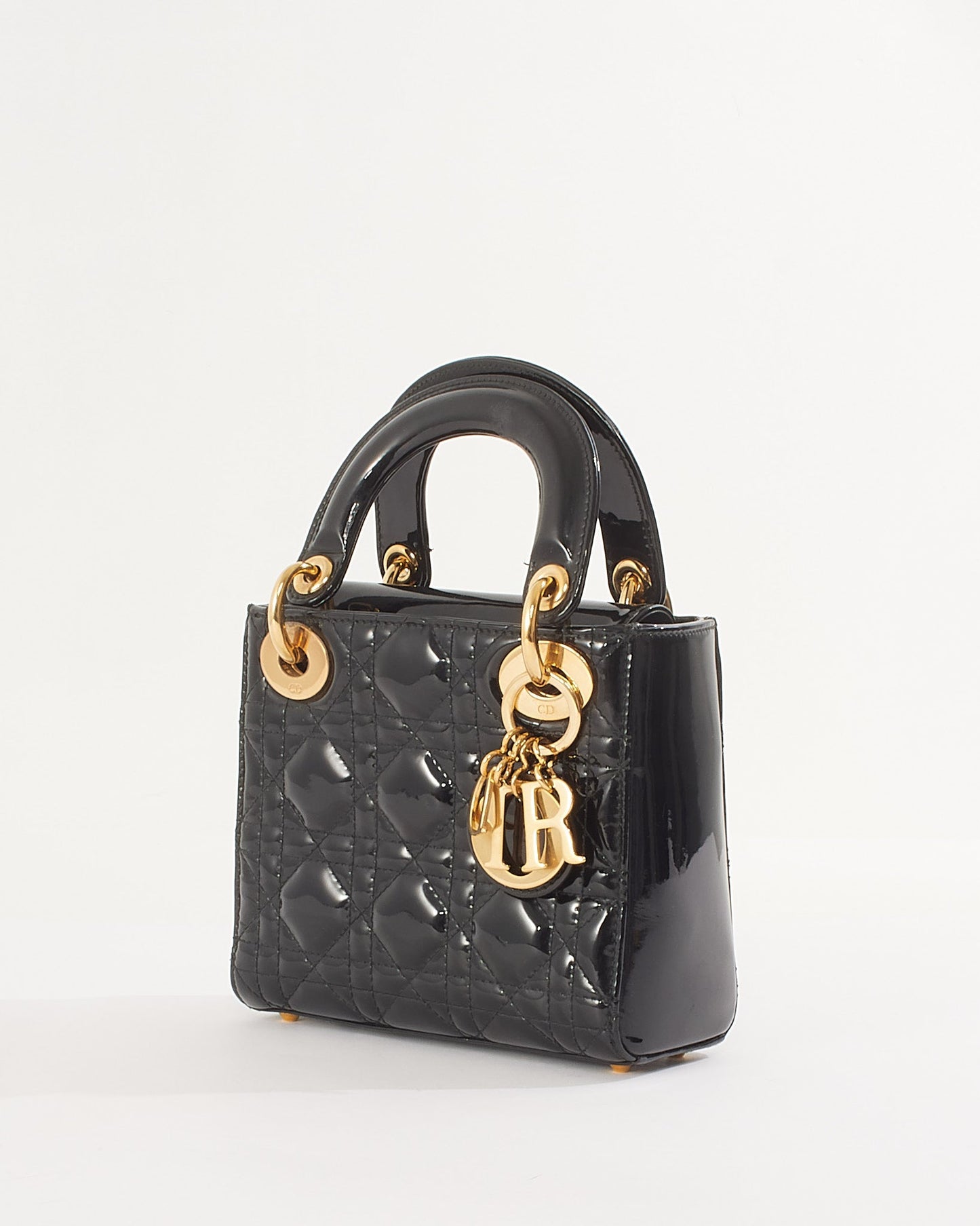 Dior Black Patent Cannage Leather Mini Lady Dior with Gold Hardware
