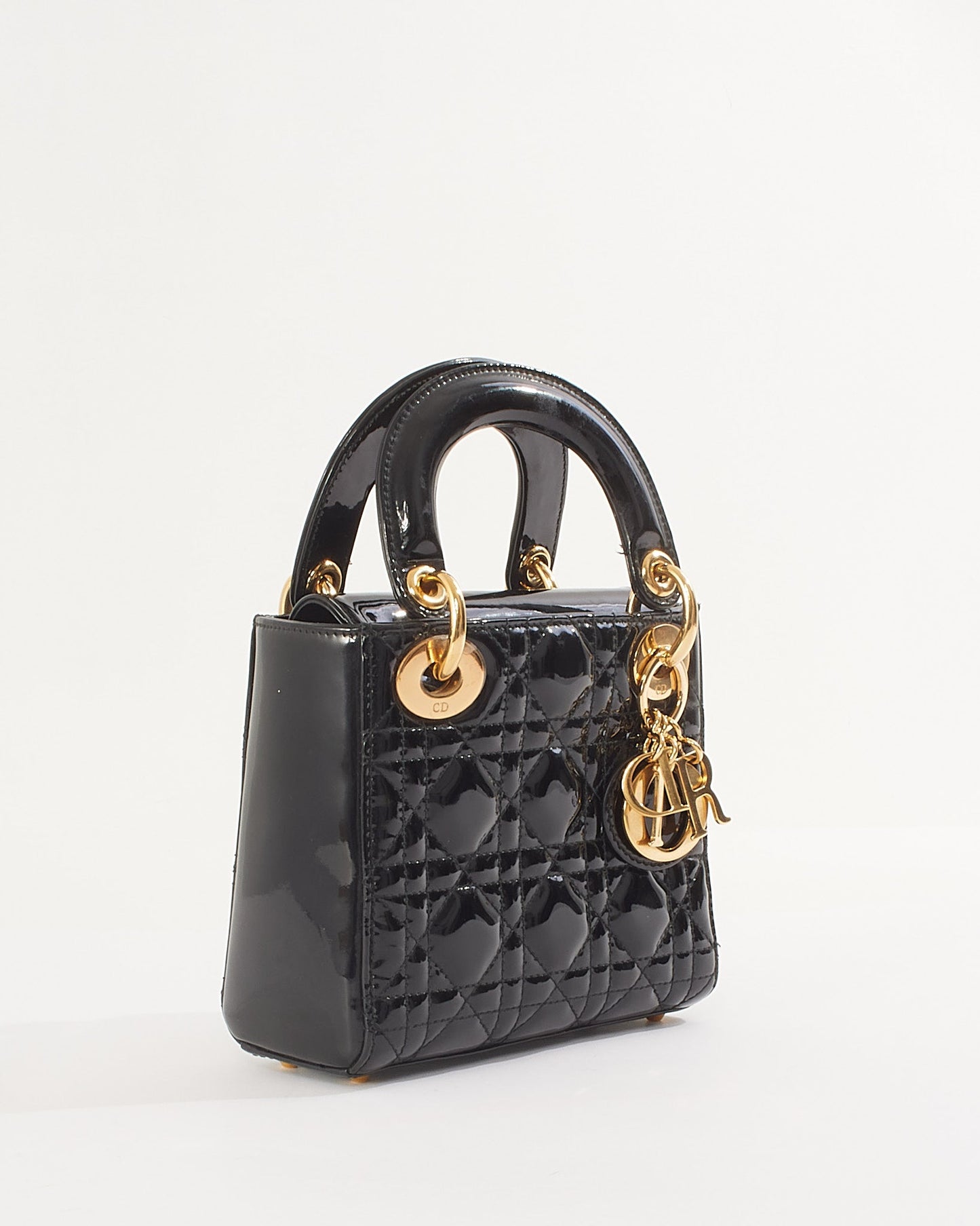 Dior Black Patent Cannage Leather Mini Lady Dior with Gold Hardware