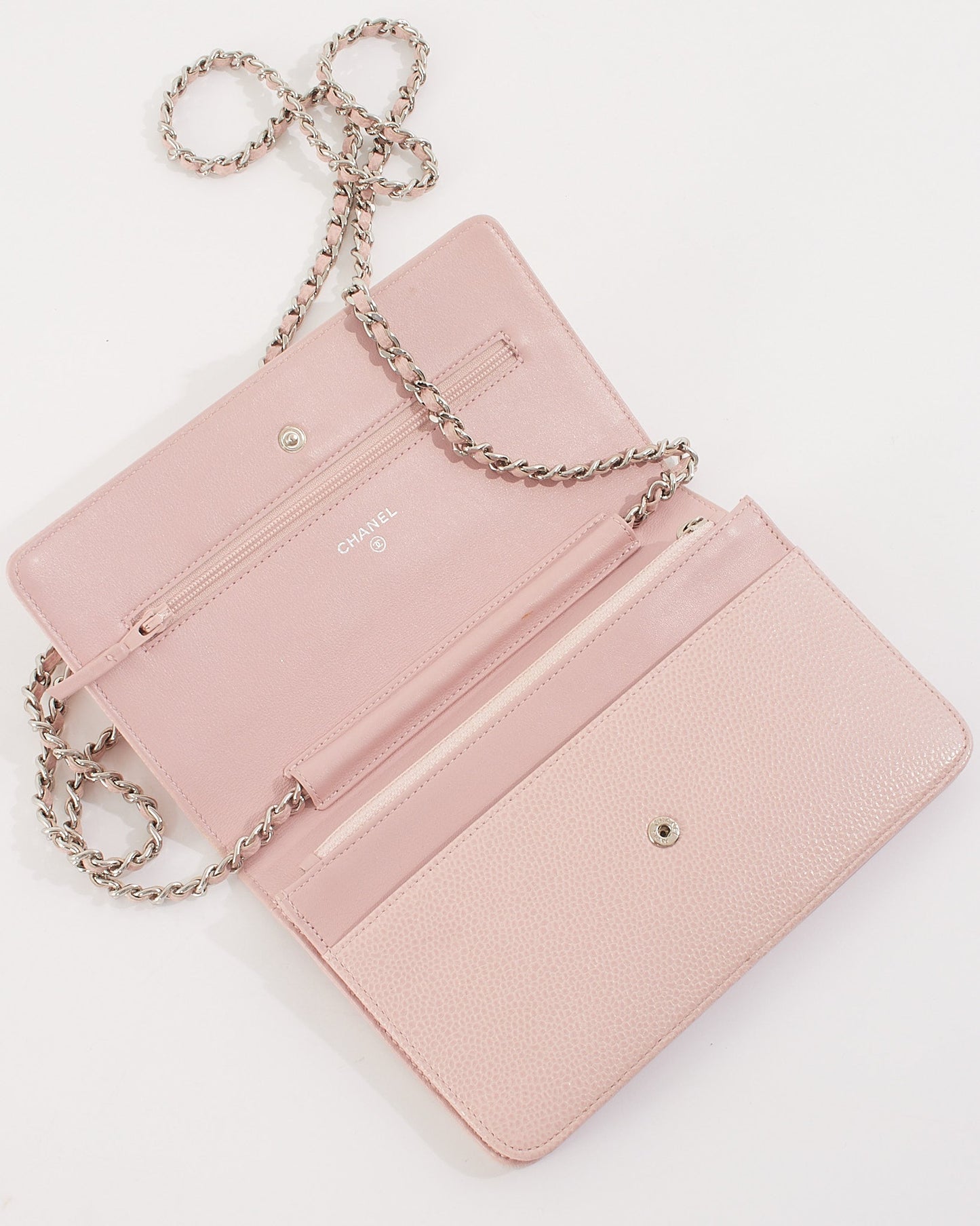 Chanel Pink Caviar Leather Timeless CC Wallet On Chain with Silver Hardware
