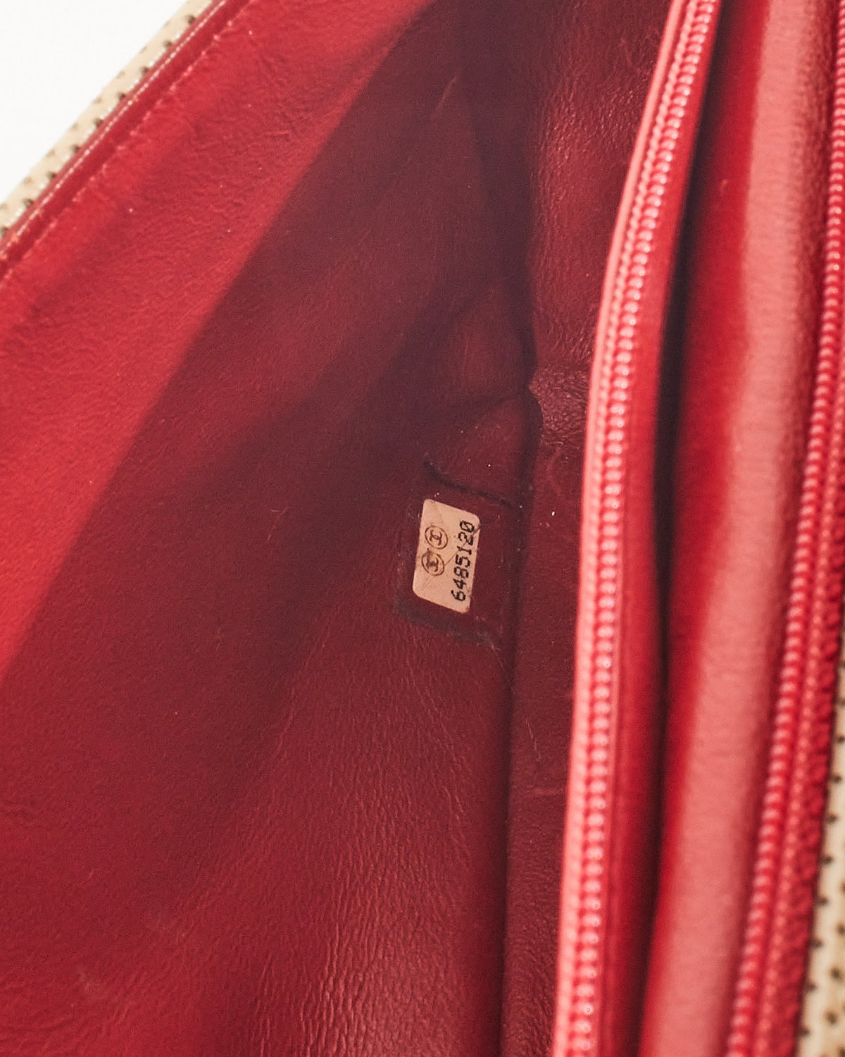 Chanel Vintage Beige/Red Perforated Leather Flap Bag with Gold Hardware