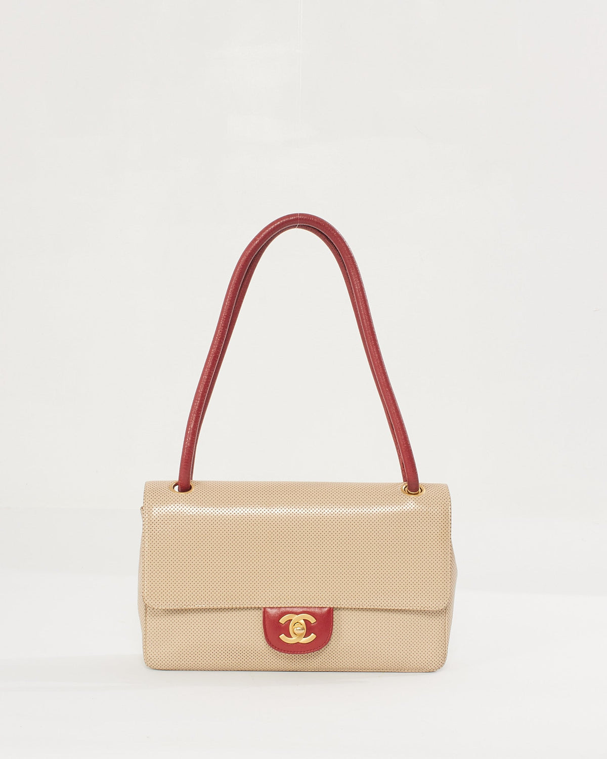 Chanel Vintage Beige/Red Perforated Leather Flap Bag with Gold Hardware