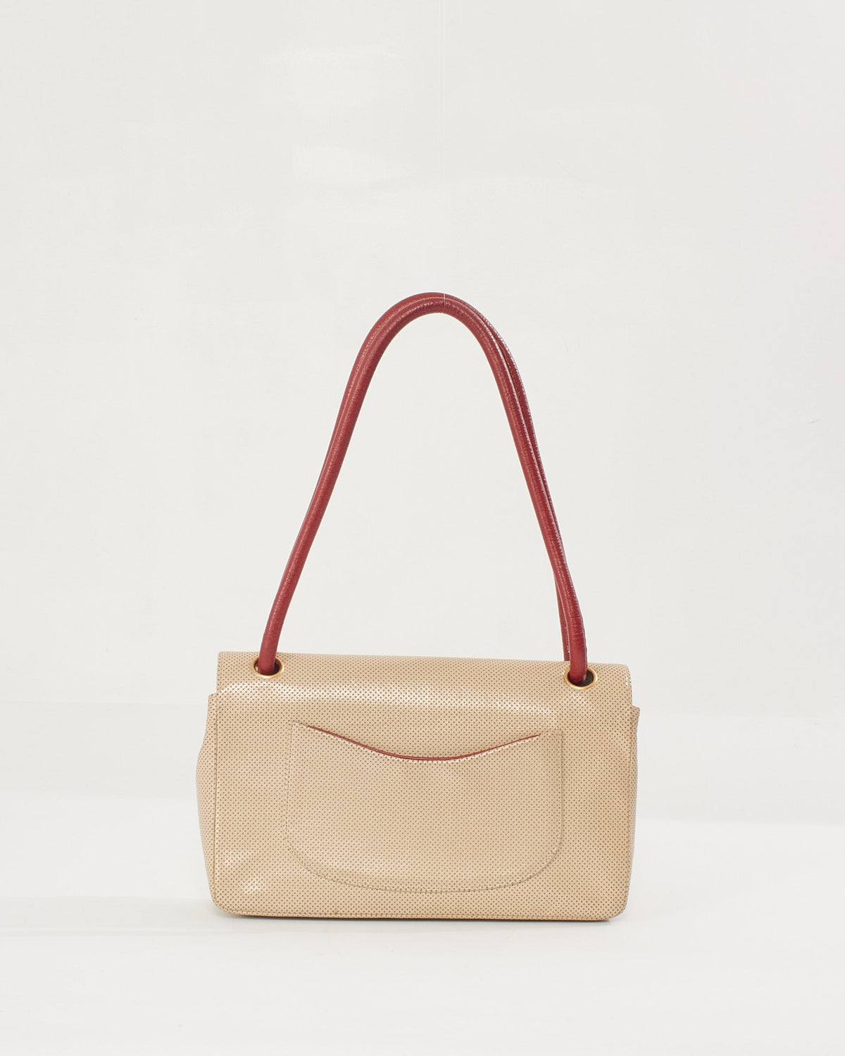 Chanel Vintage Beige/Red Perforated Leather Flap Bag with Gold Hardware