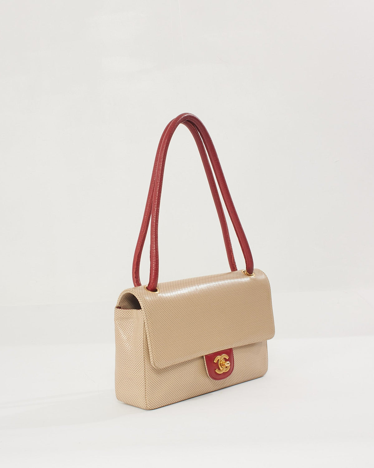Chanel Vintage Beige/Red Perforated Leather Flap Bag with Gold Hardware