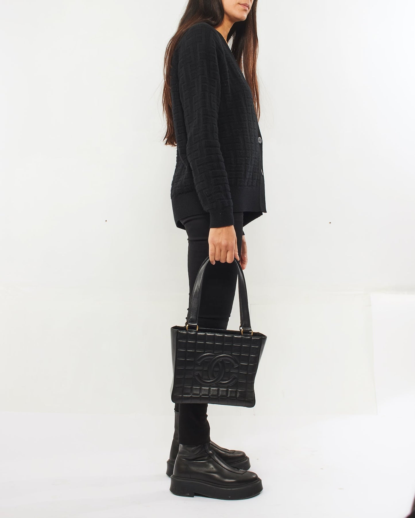 Chanel Black Leather E/W Chocolate Bar Tote Bag