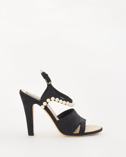 Chanel Black Suede Pearl Embellishment Sandals - 40
