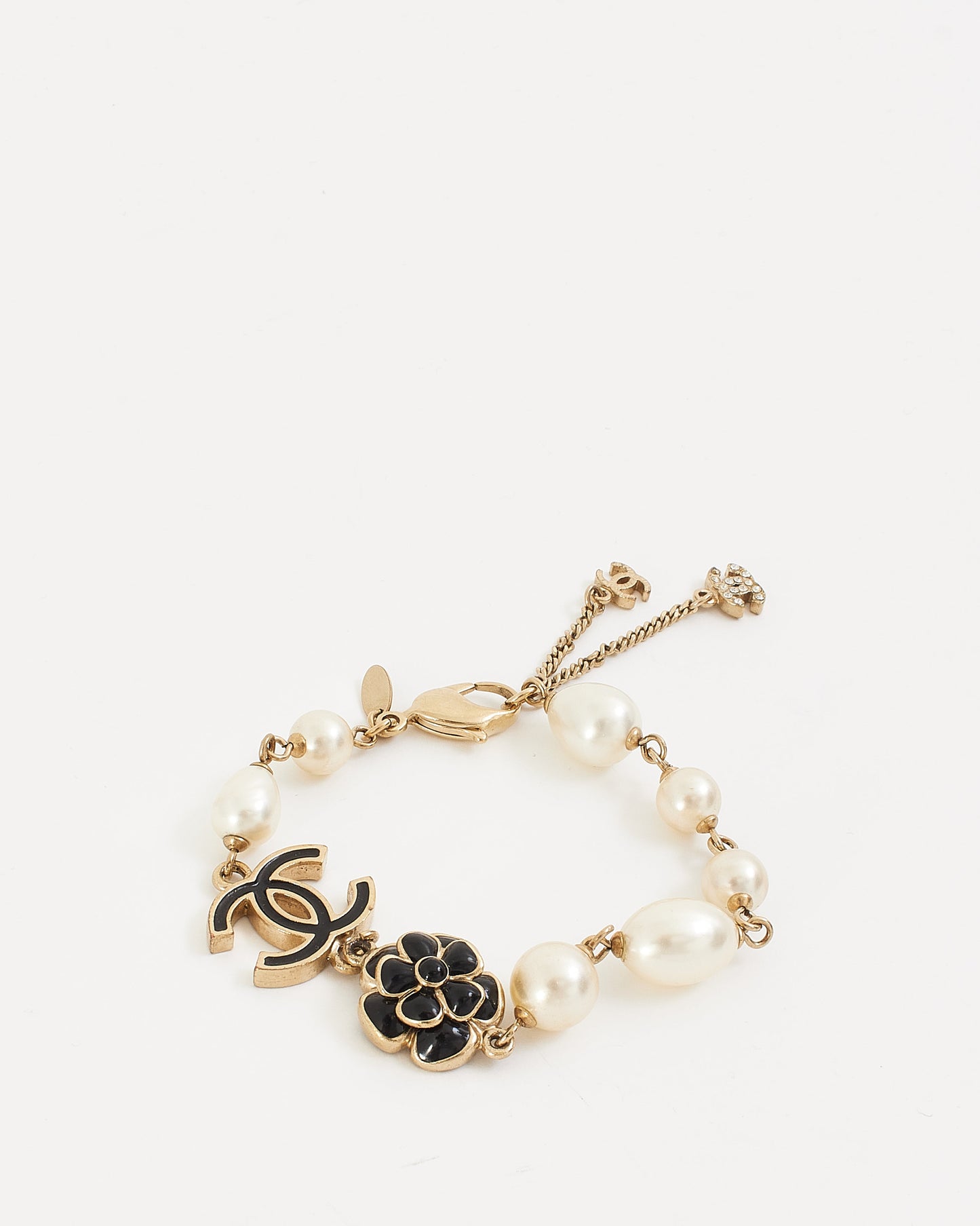 Chanel Black Enamel and Pearl Camellia Flower Bracelet