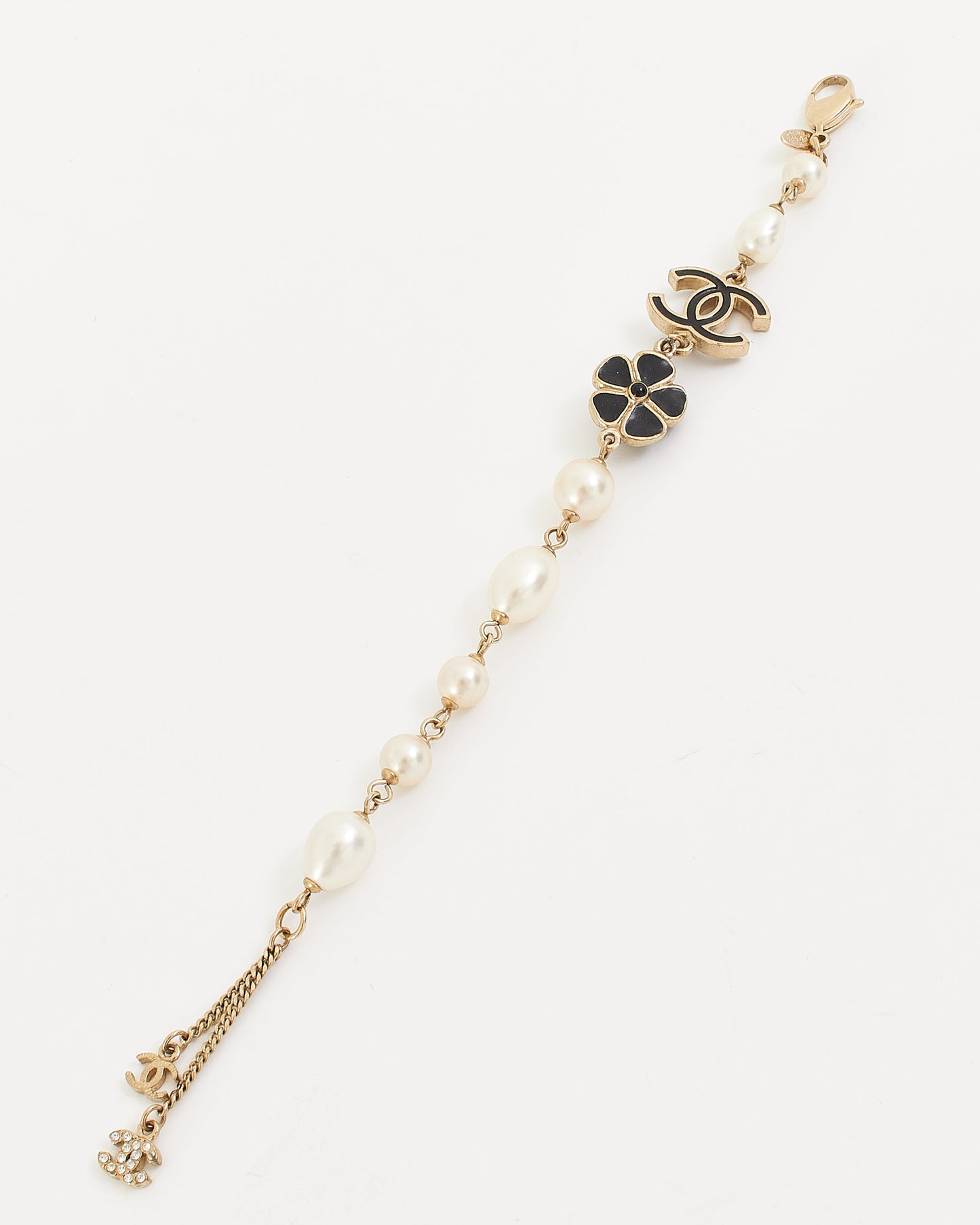 Chanel Black Enamel and Pearl Camellia Flower Bracelet