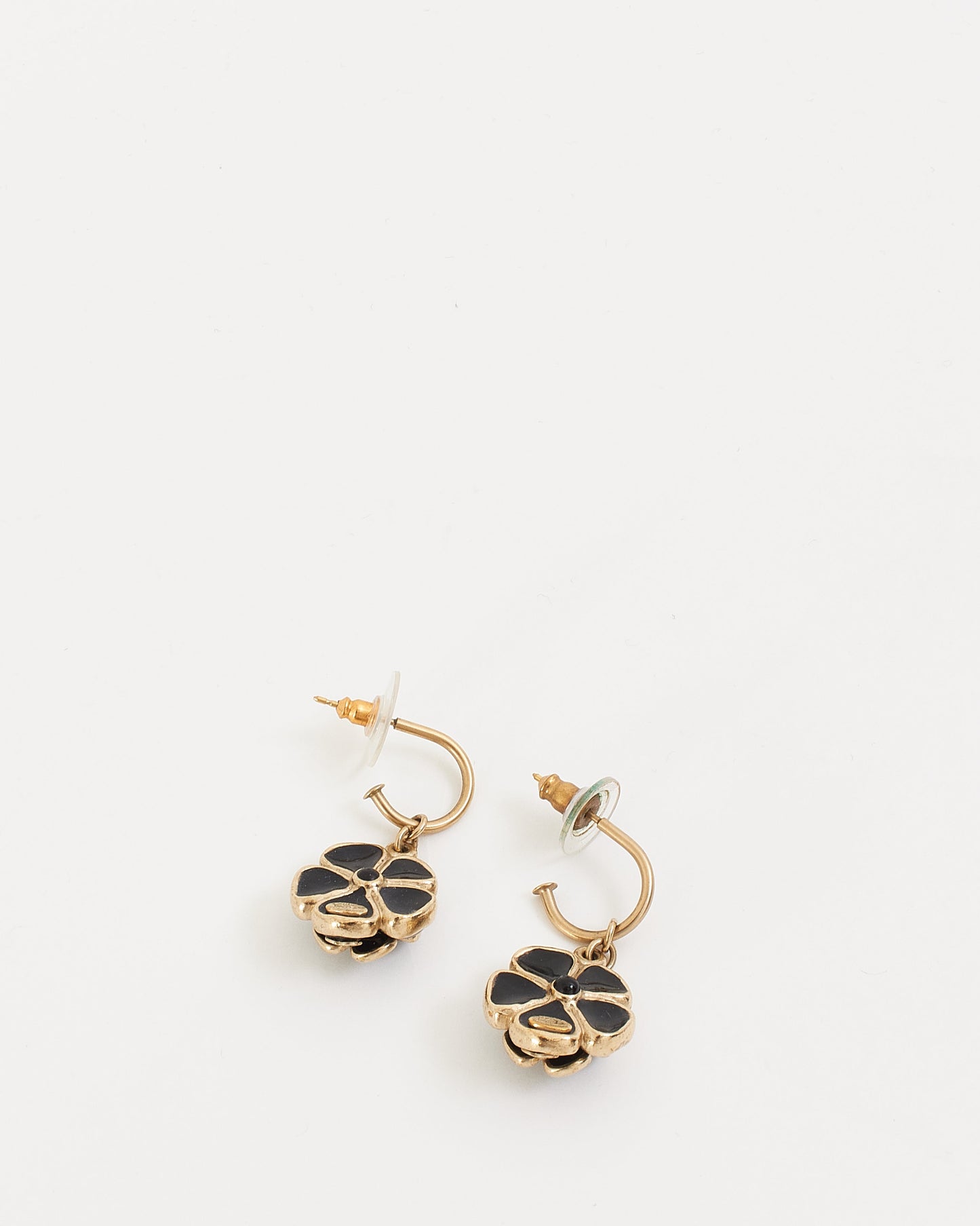 Chanel Black Enamel Camellia Flower Drop Earrings