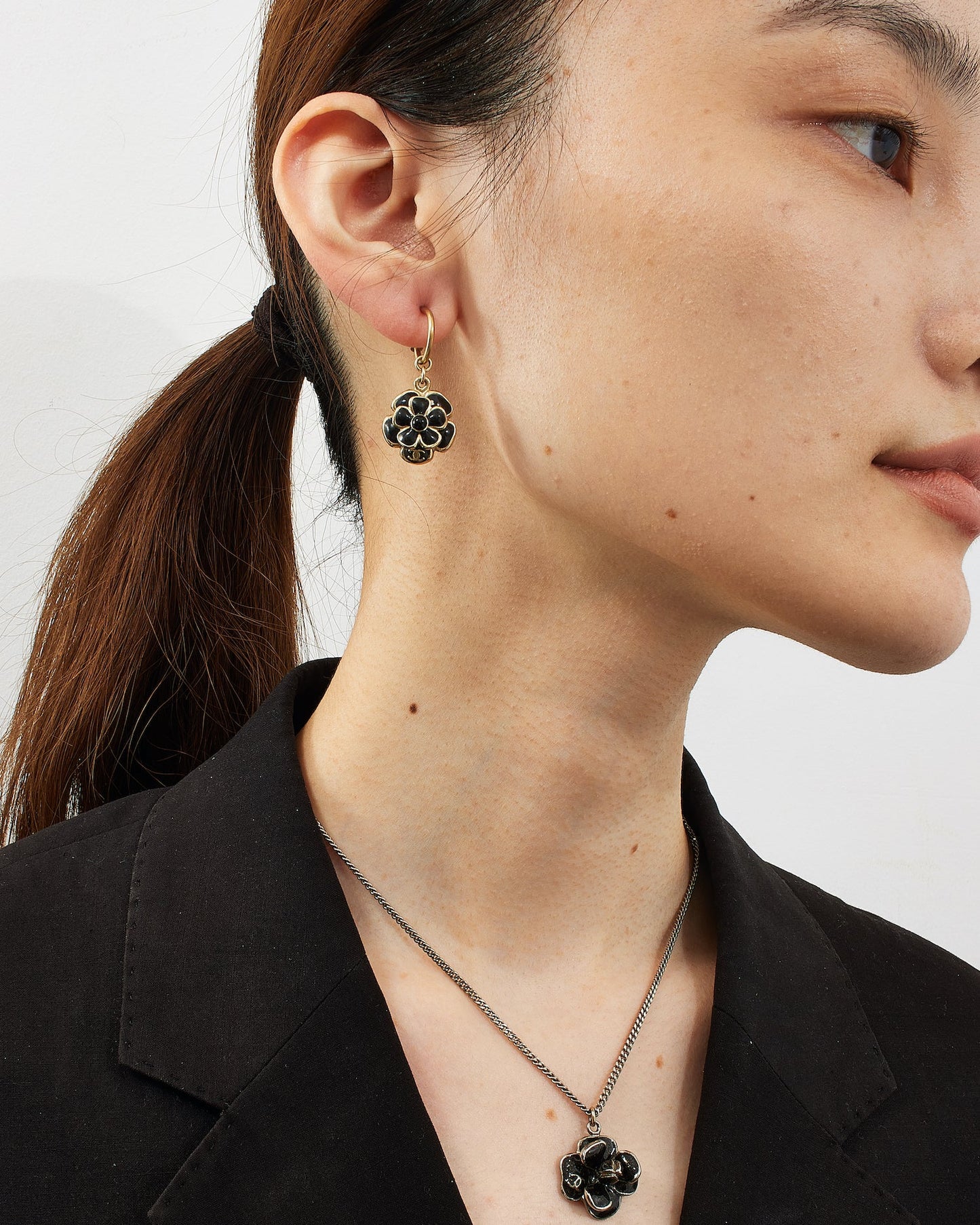 Chanel Black Enamel Camellia Flower Drop Earrings